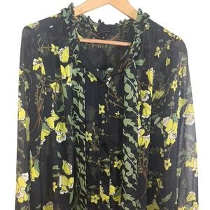 Who What Wear Black Yellow Floral Sheer Ruffle Blouse Size L